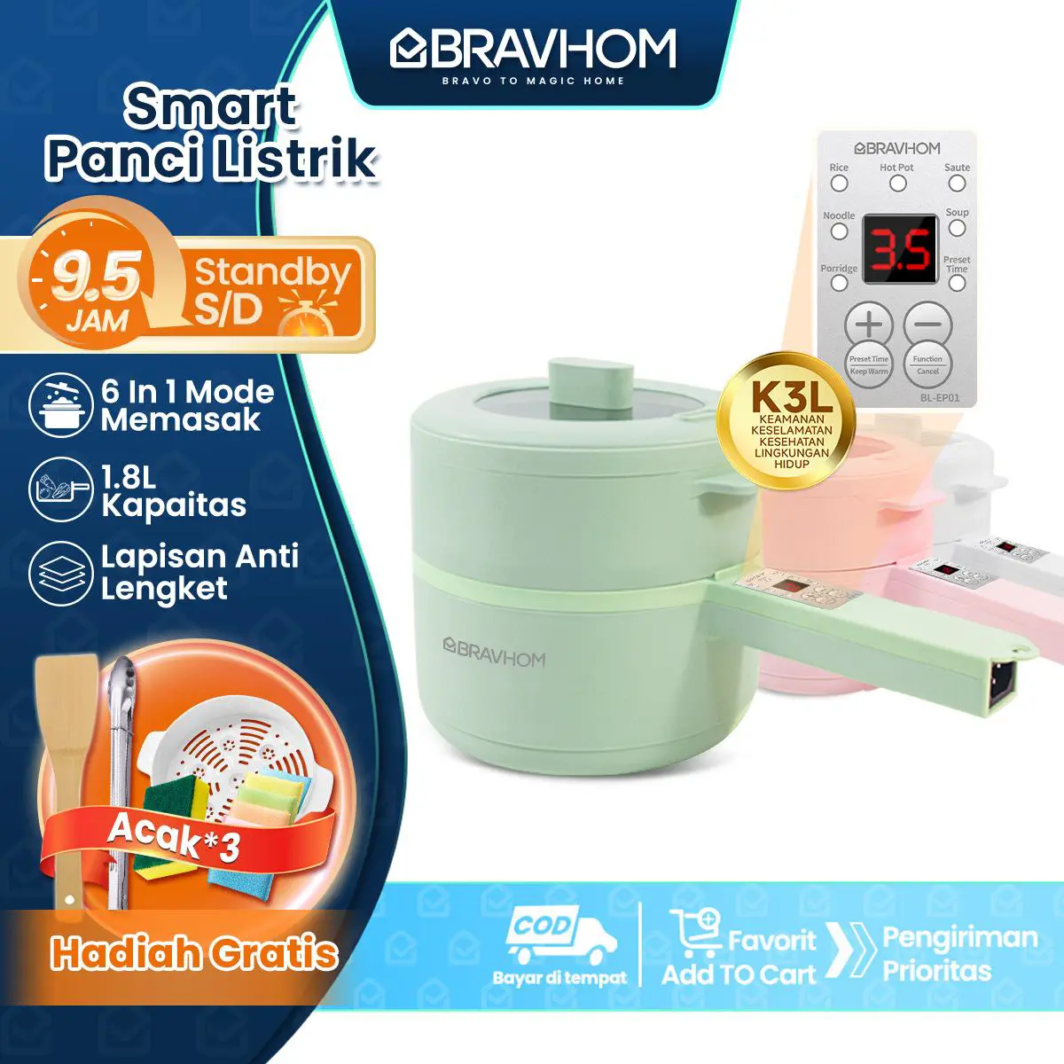 (COD)Bravhom Panci Listrik Multifungsi 1.8L Waktu Janji Temu Penyesuaian Api Anti Lengket Liner Nano Porselen Putih Perlindungan Terlalu Panas Anti Gores Pelestarian Panas wajan elektrik pancilistrik 2liter electric  pot