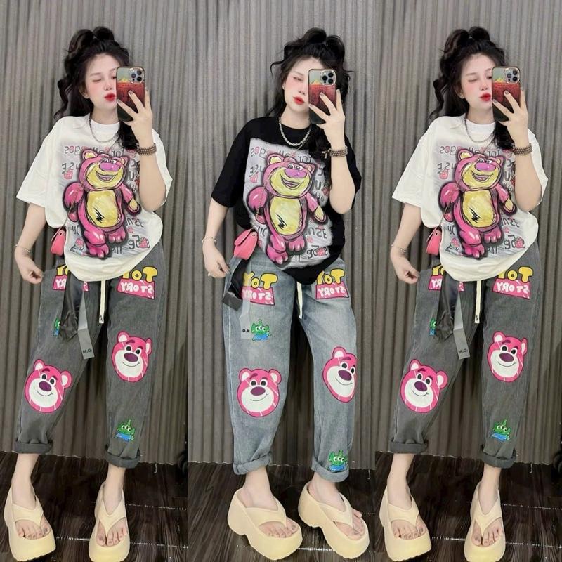   Bigsize 60 - 90kg  Set Bộ Jean Nữ Áo Thun Tay Ngắn In Hình  Kèm Quần Jean Baggy 