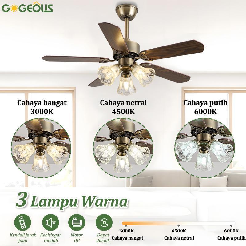 Gogeous Lampu Kipas Angin Gantung Plafon Modern Gaya Retro Dan Sederhana  Hias Kendali Jarak Jauh 2IN1 3 Warna 6 Kecepatan 42 Inci Ruang Tamu Meja Makan remote control Langit Baling