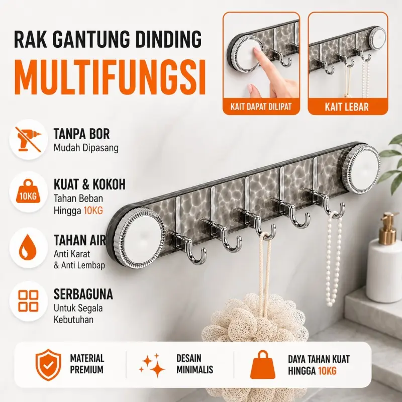 Gantungan Hisap Panjang Tanpa Bor, Gantungan Dinding Serbaguna, Kait Perekat Tanpa Bekas