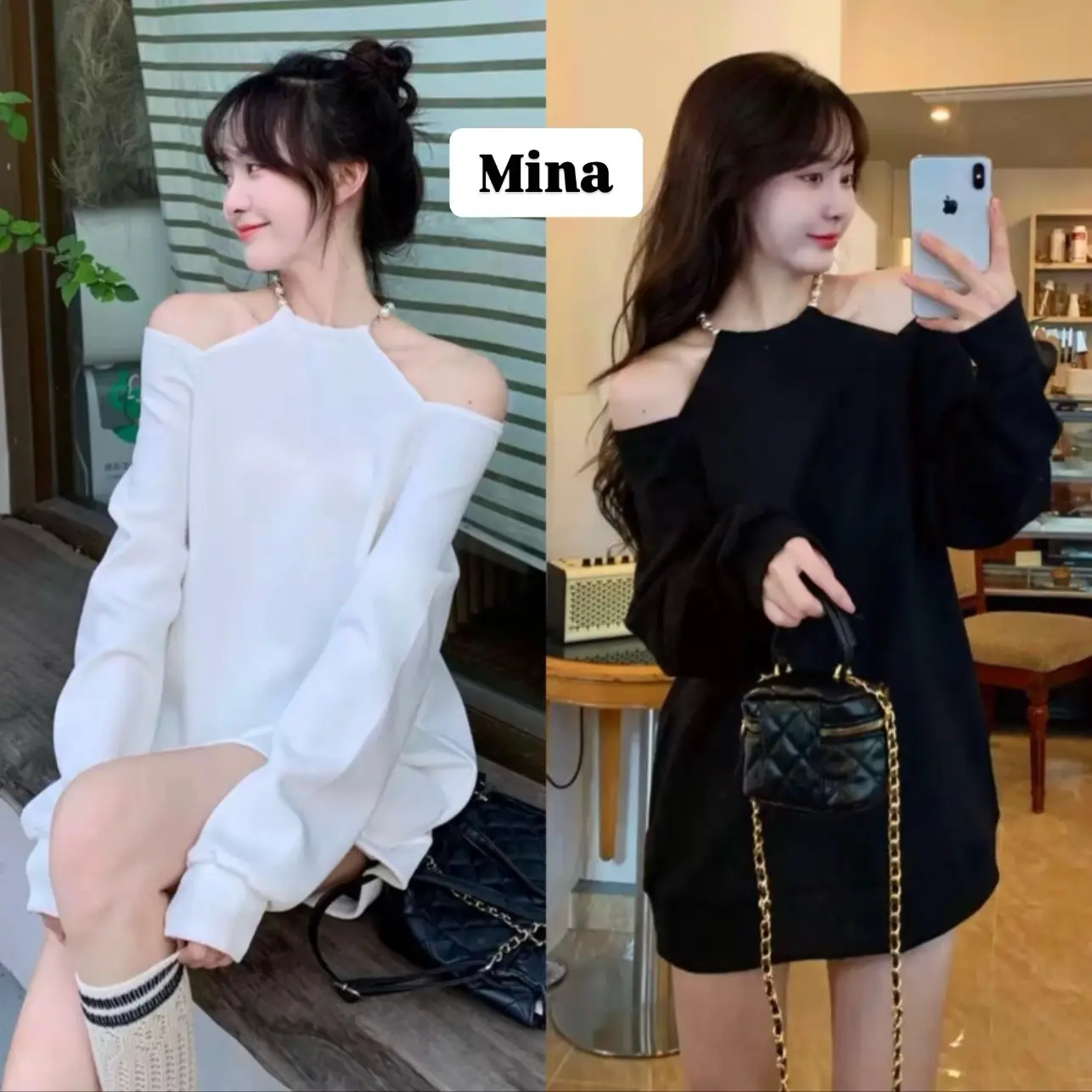 MINA OVERSIZE PEARL HALTER NECK LONGSLEEVE KOREAN STYLE | ATASAN WANITA DRESS WANITA CHIC - K979