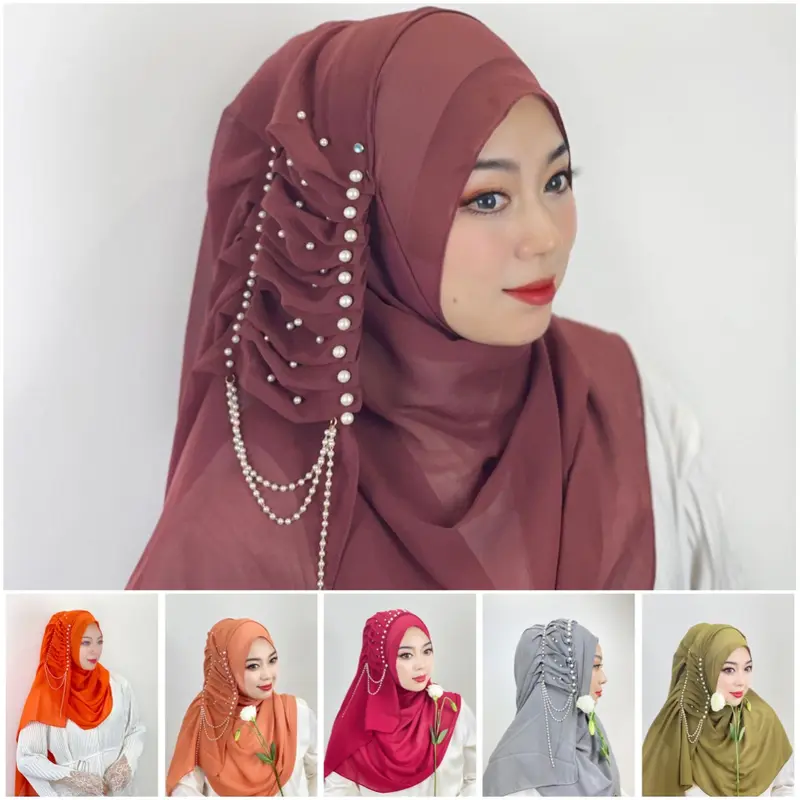Khăn Bandana Voan Ngọc Trai, Màu Trơn Thiết Kế Tua Rua Đính Cườm Khăn Choàng Nữ, Khăn Quàng Cổ Bandana Nữ, Còn Hàng 0