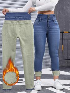 Jeans de mezclilla gruesa con forro de vellón de alta elasticidad para mujer, moda de otoño e invierno, jeans cómodos y adelgazantes, estilo elegante