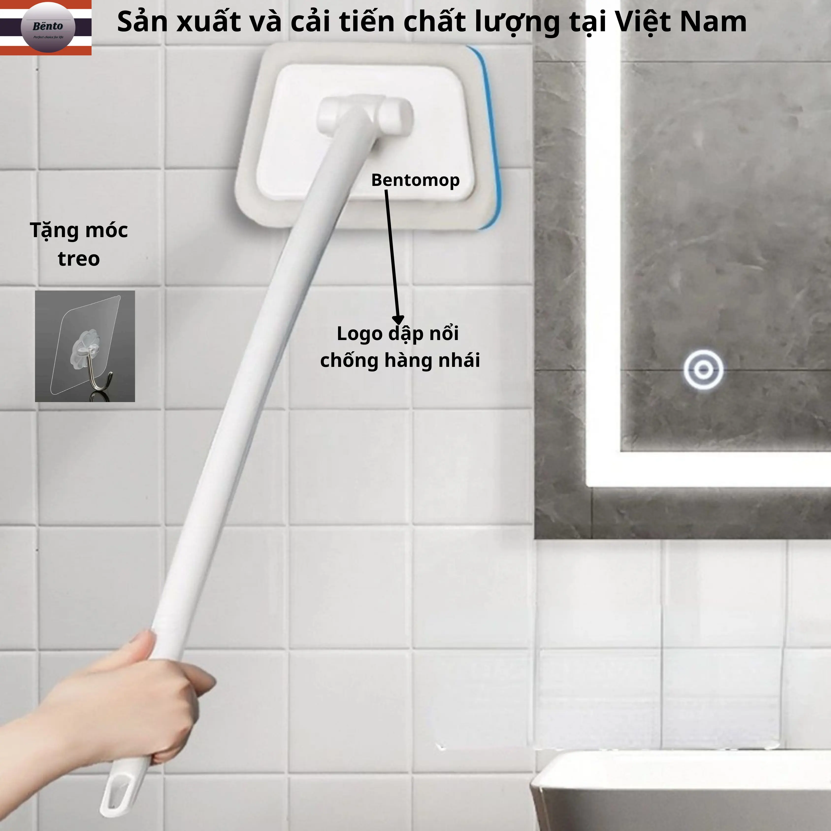 Bentomop - Bàn Chải Bồn Tắm, kệ tắm, Phòng Tắm, Bàn Chải Cọ Rửa Sàn Nhà Tắm Tay Cầm Dài - Tặng 1 bộ 1 móc treo