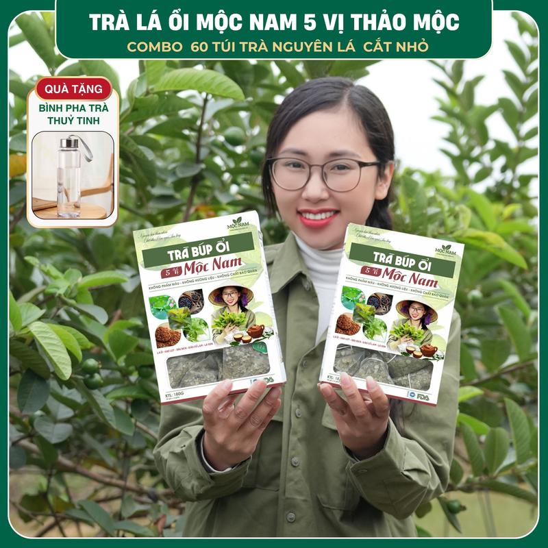  COMBO 60 Túi Lá Ổi Mix 5 Vị Thảo Mộc Mộc Nam   Lá Ổi - Gạo Lứt - Đậu Đen - Giảo Cổ Lam - Cỏ Ngọt   Tặng Bình Thuỷ Tinh Pha Trà 