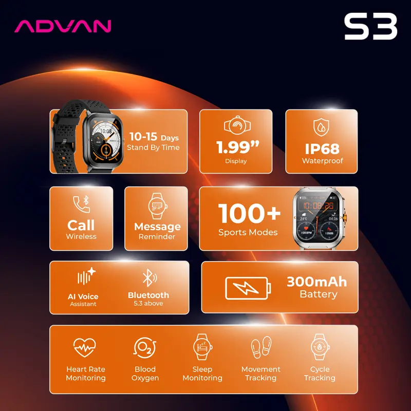 ADVAN Smartwatch S3 1.99" inch up to 15 Days IP68 Waterproof 300mAh AI Assistant Bluetooth 5.3 1