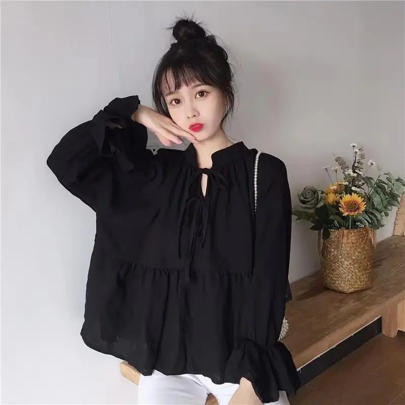 Loose lace-up stand-up collar bell-sleeved babydoll top versatile shirt for women