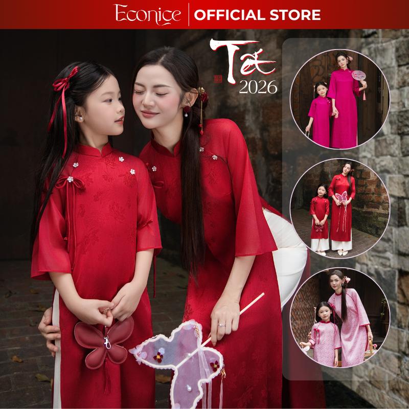 Áo dài tết cách tân trẻ em Econice dành cho mẹ và bé gái 5 6 7 8 9 10 11 12 tuổi