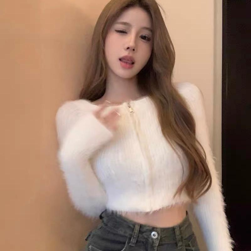 Áo len lông mềm mịn croptop khoá kéo loại đẹp lông dài