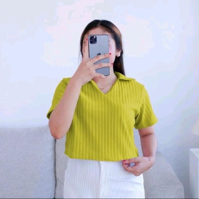 Kaos Atasan Wanita Lengang Pendek Crop Top Polo Rib Knit Hornet Premium Terlaris 3