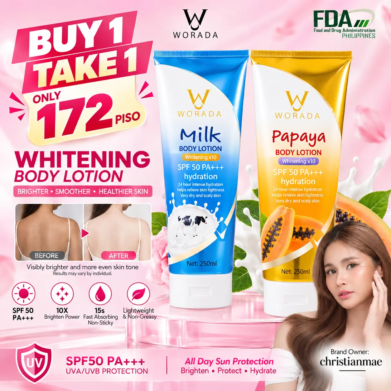 [FDA Approved] Buy 1 Take 1 WORADA Body Lotion | SPF50+++ Whitening Body Sunscreen Brightening skin tone  lightweight daily suitable for all skin types outdoor sun protection UV protection added glutathione whitening  Body Care Cosmetic Moisture Hydrating