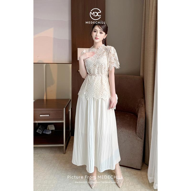Set Váy Nữ Tiểu Thư, Set Thanh Lịch Dự Tiệc MEDECHILL Áo Ren Hoa Tay Ngắn Kèm Đai Phối Chân Váy Xếp Ly Dài S871