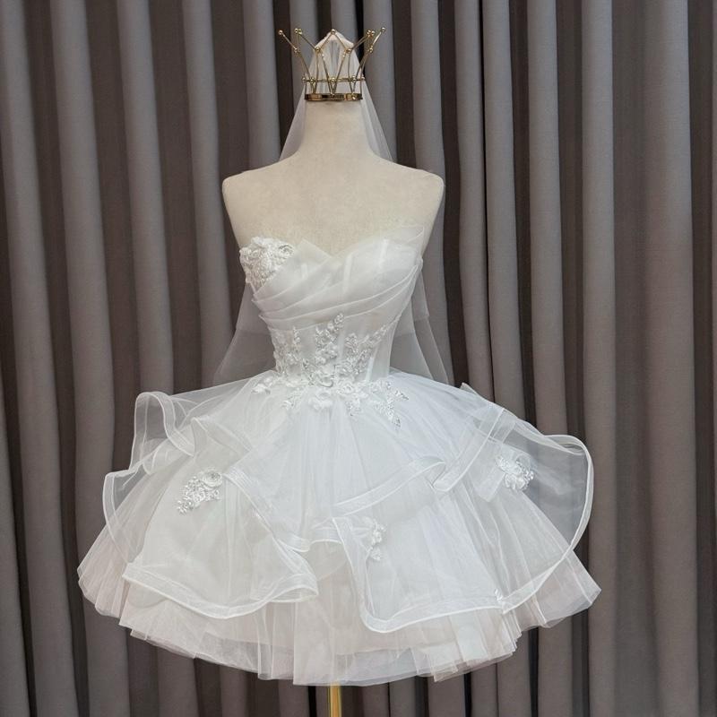  Váy ngắn đi bàn tùng bèo cúp thân phối ren dễ đi lại 