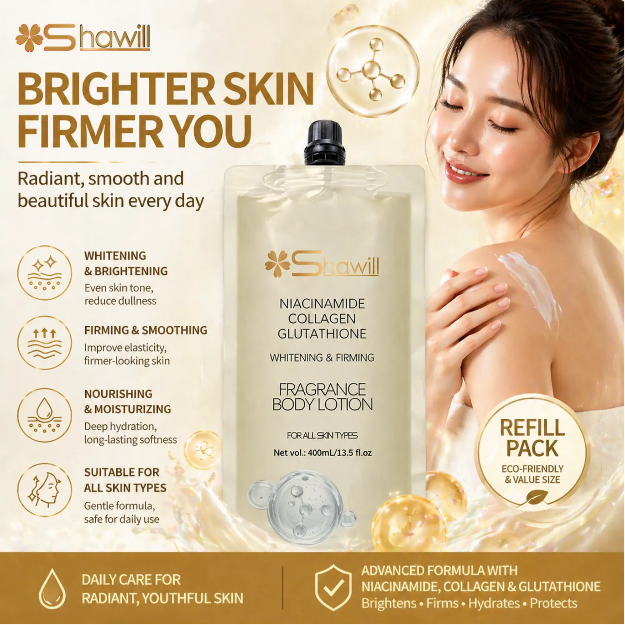 Shawill Official Store Niacinamide Collagen Glutathione Whitening & Firming  Fragrance Body Lotion 500ml| Refill 400ml Body Care Comfort Daily Skin  Repair Moisture Hydrating， Brightening Lightweight Moisturizer Nourishing  Scent Gentle