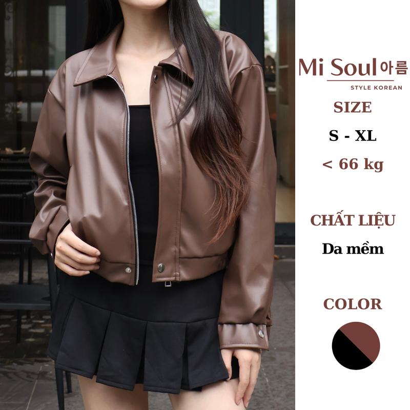 Áo Da Nữ Bomber Cổ Bẻ Bo Gấu Dáng Lửng MiSoul Áo Khoác Da Bo Chun Croptop BigSize Túi Cơi Bên Sườn 483