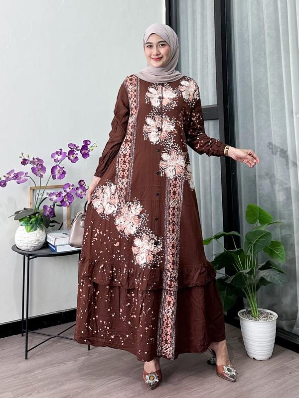 Naya Batik -  Gamis Twill Ori Motif Garis Cap Malaman Bukan Sablon Dress Muslim Wanita Motif Baladewa Hitam Lengan Karet Rempel Bawah Full Kancing Tali Samping Katun Rayon Putih 4