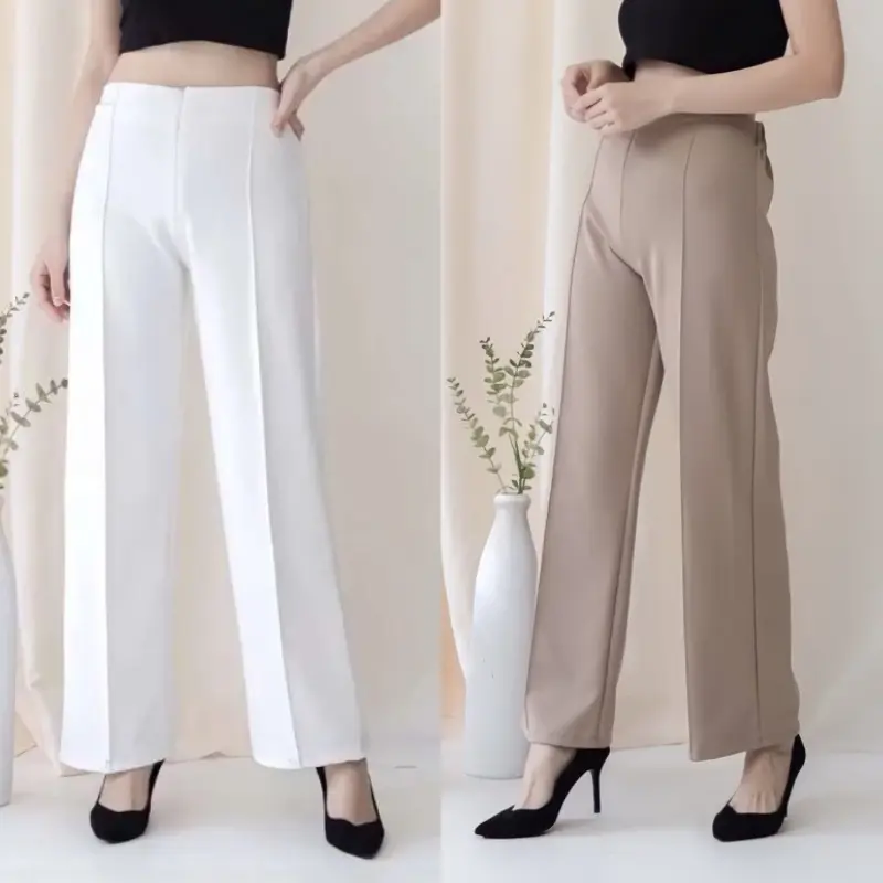 Celana Kulot Wanita Highwaist Putih Panjang Garis Basic HW Irene korean style Cullotes Scuba Wide Leg Karet  Kulot Premium Celana Kerja Wanita Fit Nyaman Lembut Melar Comfy