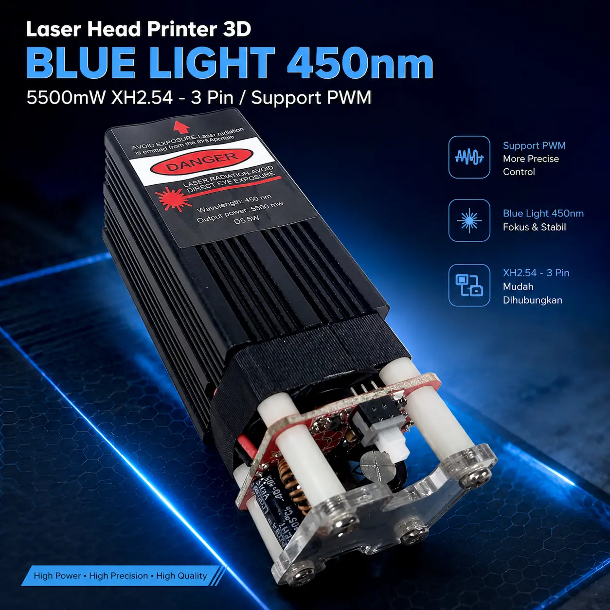 Laser Head Printer 3D Ukir Engraving Blue Light 5500mW PWM Hitam KK39 KKMOON