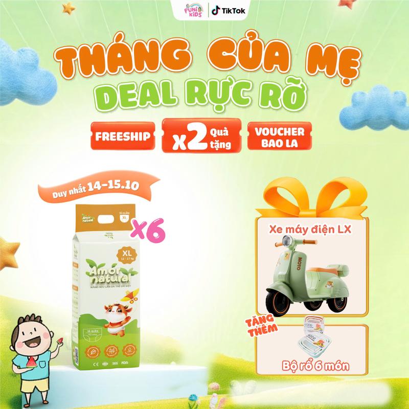(6A) [TẶNG XE MÁY ĐIỆN VESPA LX VOI] COMBO 06 BỊCH TÃ BỈM VIỆT AMOR NATURAL dán/ quần, bỉm Việt chất lượng, mỏng nhẹ, thấm tốt size NB - 4XL cho bé