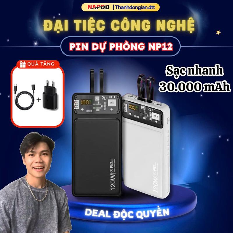 (NAPOD x thanhdongian TẶNG BỘ SẠC ) Sạc dự phòng NAPOD 30000mAh NP12 Sạc Nhanh 120W pin dự phòng màn hình Led tích hợp tích hợp 2 đầu sạc tiện dụng bảo hành 12 tháng