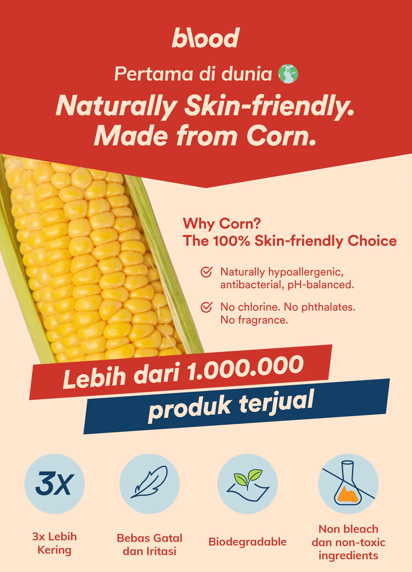 Pembalut Jagung Blood 29cm | Blood Corn Pads 29cm - Bebas Gatal & Ultra Thin - Bundle 3 Packs