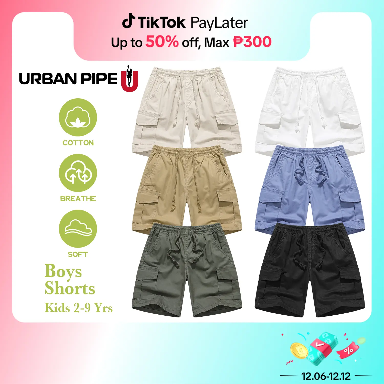 URBAN PIPE Shorts For Boy Kids 4-11 Yrs Plain 4 Pocket Cargo Short Above The Knee Trendy Bottoms 3709
