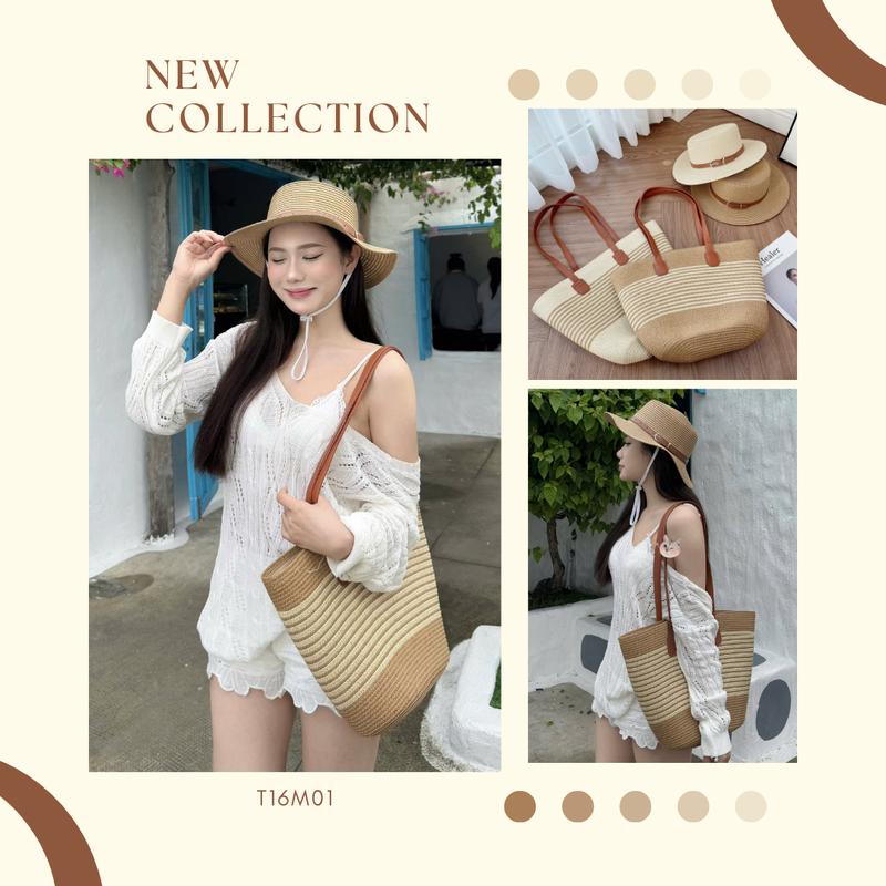 [XẢ HÀNG]Combo túi và mũ cói đi biển phối  da phong cách vintage T16M01
