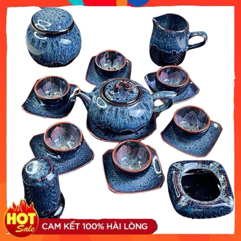 Bộ Ấm Chén Gốm Sứ Bát Tràng Đã Kiểm Nghiệm Bộ Ấm Trà Quai Sứ Cẩm Lai xanh men hỏa biến Bát Tràng Cao Cấp_ Nghệ Nhân Nguyễn Văn Hải_dung tích 380ml