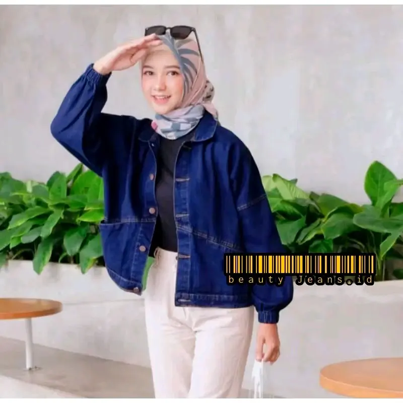 Jaket Jeans Vintage Oversize Jacket Jins Wanita Denim Panjang lengan Balon Kekinian Korean style Kancing Outer Atasan Kantong 4