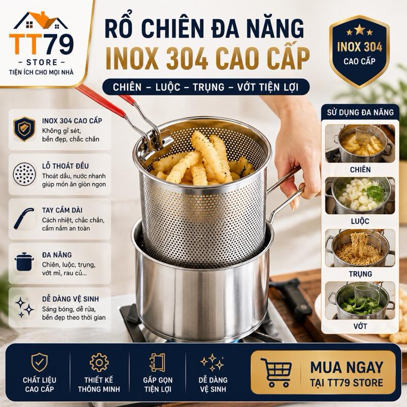 (Loại 1) Nồi Chiên Ngập Dầu Bằng Thép Không Gỉ 304, Có Lưới Lọc Tiết Kiệm Dầu Chống Dính Dùng được bếp từ