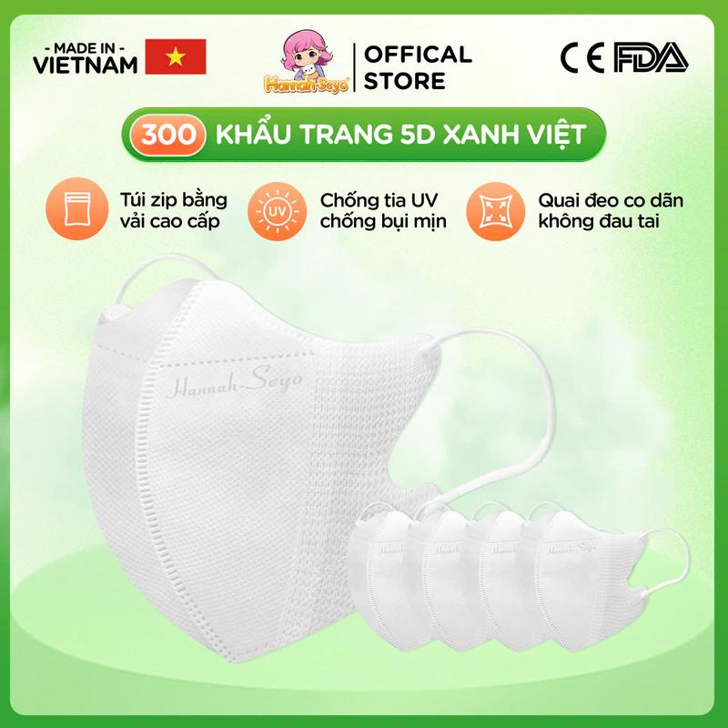 [COMBO MỚI 300C] Thùng 300c Khẩu Trang 5D Xanh Việt Hannah-Seyo Chống Tia UV, Khẩu Trang Chống Nắng & Bụi Mịn 3 Lớp Cao Cấp, Thiết Kế Thông Minh, Quai Co Giãn, Chống Hơi Nước