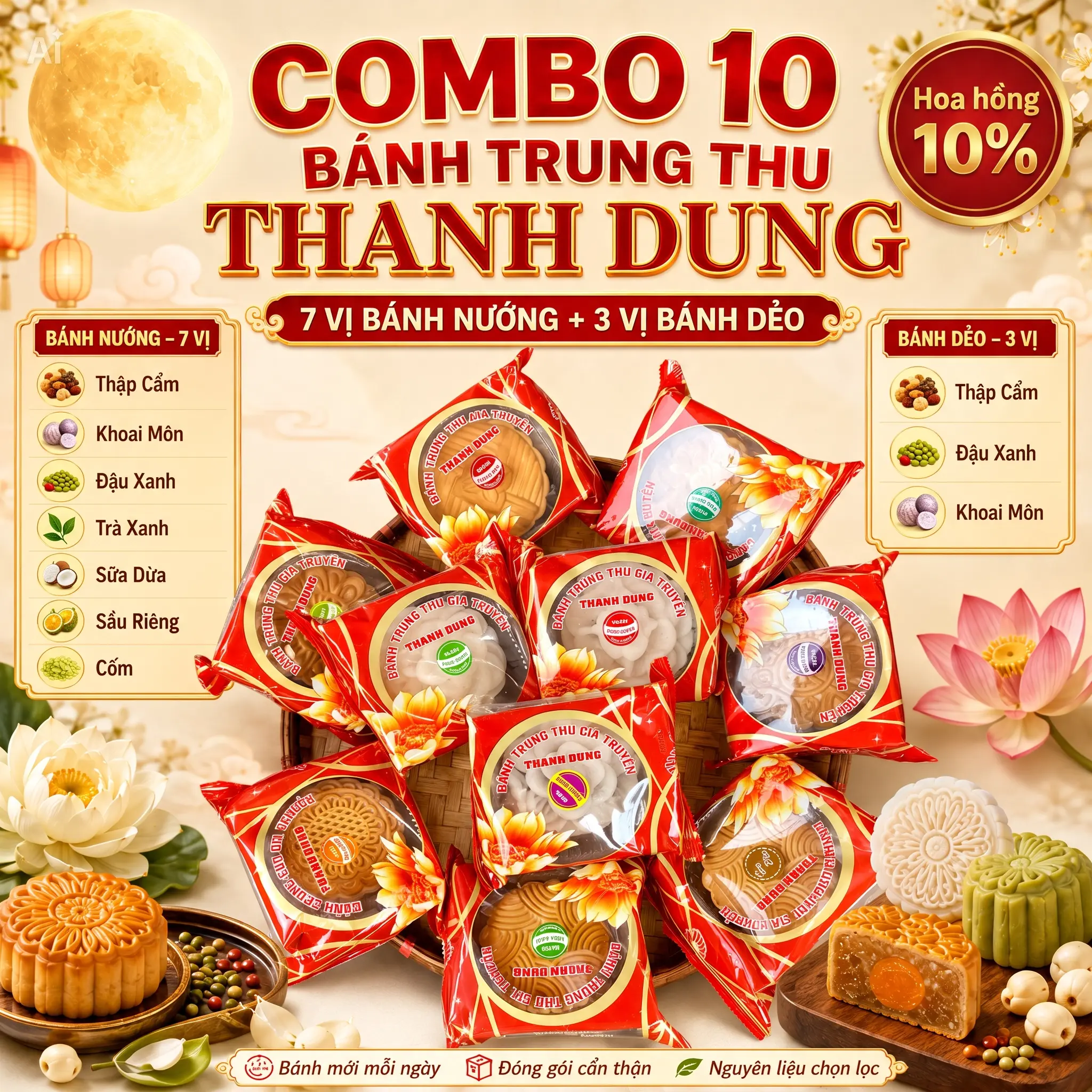 [10%] COMBO 10 Bánh Trung Thu Thanh Dung Mix Vị 160g