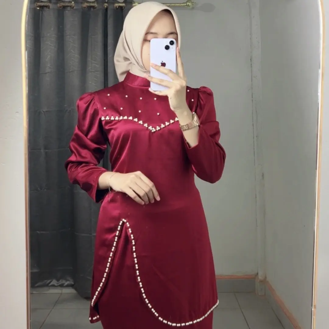 Arshi set kebaya kurung melayu simple belah samping kondangan/baju malaysia wanita payet satin silk elegan