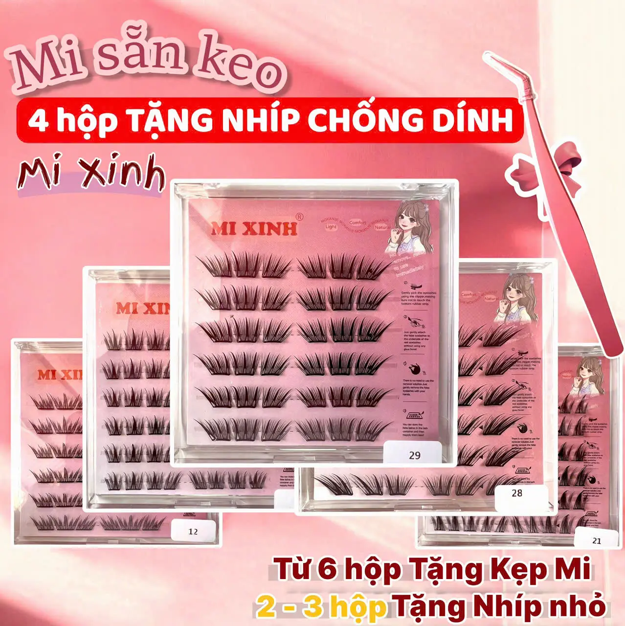 [3 HỘP 47K] [TẶNG NHÍP CHỐNG DÍNH từ 4 hộp] từ 2 hộp TẶNG NHÍP thường [TỪ 6 hộp TẶNG Kẹp mI+Nhíp+Keo] MI SẴN KEO, lông mi giả sẵn keo Mi Xinh, mi tự dính, có thể tái sử dụng nhiều lần