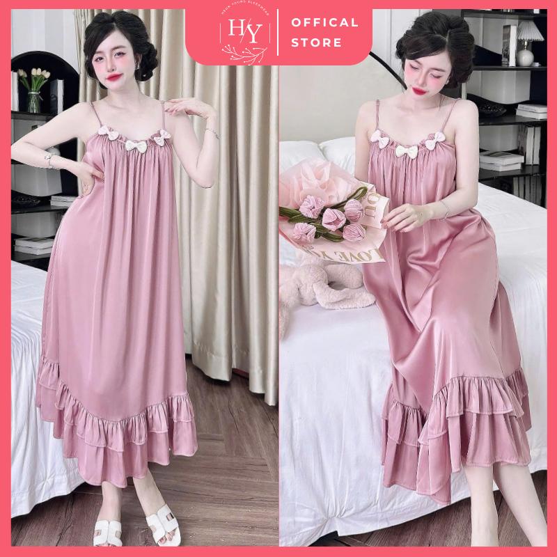  Váy Ngủ Lụa Nữ HEUN YOUNG Váy 2 Dây Nơ Ngực Dáng Dài Thiết Kế Bèo Tầng Dễ Thương Freesize 45-70kg 