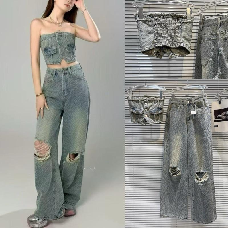 [ Hàng QCCC L1/ Order 7- 10 Ngày ] Set Bò Quây Xước Chỉ Gồm Áo Bo Chun Phối Túi Và Quần Xuông Rách Gối Bao Phong Cách Cho Nàng Dạo Phố By DiepGZ254252