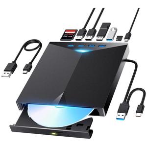 7 in 1 外付けCD/DVDドライブ、USB 3.0 & Type C対応 ポータブルCD/DVDプレーヤーバーナー、4つのUSB Aポート、SD/TFカードスロット付き、ノートパソコン、デスクトップ、MAC、Windows対応