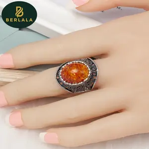Berlala Alloy Fashion Amber Ring | Perhiasan Cincin Fashion Batu Ambar Bahan Alloy | Aksesoris Cincin Ambar Oranye bahan Alloy Retro Vintage