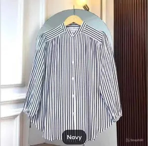 Khalisa AZURA Kemeja Salur Terbaru Wanita Korean Look Bahan Rayon Twil Halus Adem Nyaman Busui Friendly Full Kancing Depan Pergelangan Tangan Karet Size L & XL