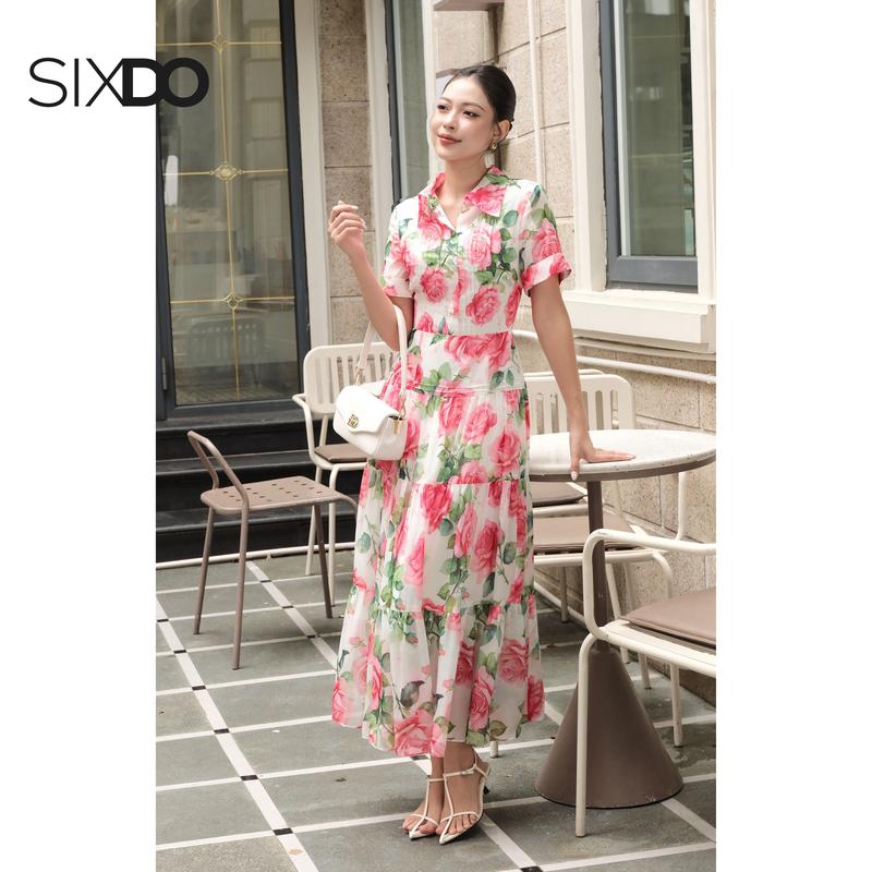  Đầm hoa voan tơ ngắn tay SIXDO  White Floral Organza Flared Dress  