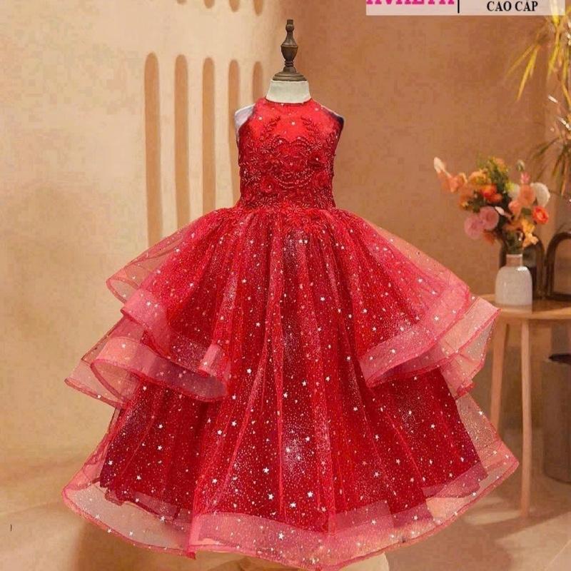 Đầm Công Chúa Cao Cấp Đỏ Cổ Yếm , Váy Dạ Hội Cho Bé Dự Tiệc , Sinh Nhật, Biểu Diễn -VIP8