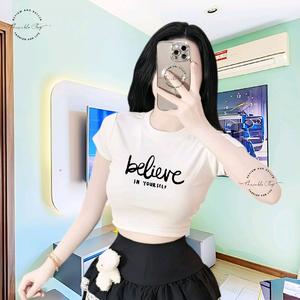 Áo Thun Croptop Basic Form Ôm Body Nữ Cổ Tròn Tay Ngắn In Chữ Believe", Kích Cở A M L, Women Sò Sen Hoa Sen Dáng Ngắn Thun