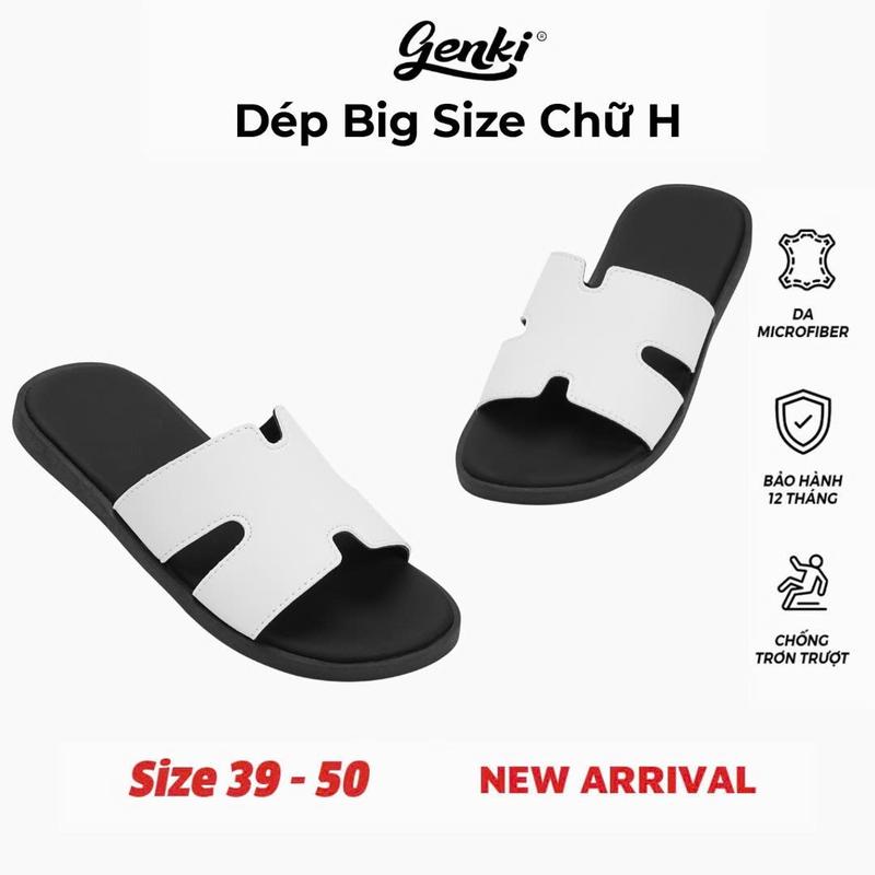 GENKI Dép Nam Big Size Chữ H Màu Trắng Kem Quai Da Microfiber Đế Cao Su Chống Trơn Trượt Size 39-50 Bảo Hành 12 Tháng