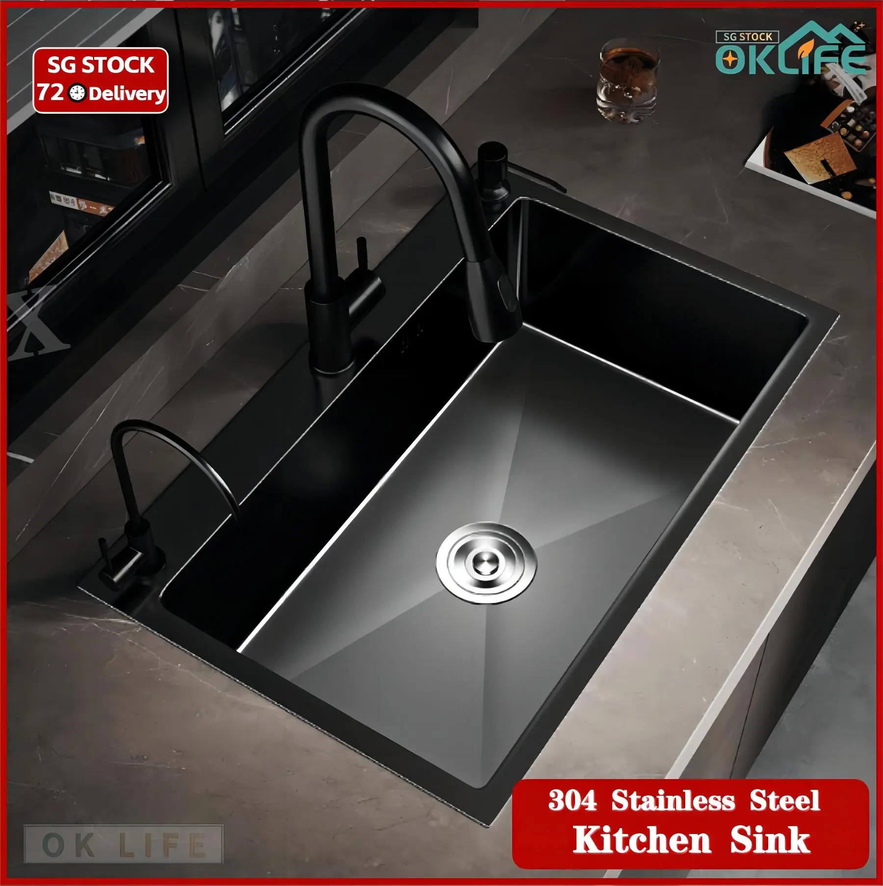 [OKLIFE. SG] BLACK Kitchen Nano Sink Single Sink 304 Stainless Steel Household Sink Topmount &Undermount Kitchen Sink