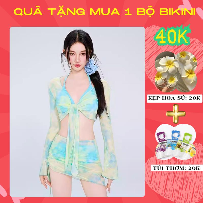 Đồ bơi kín đáo bikini đi biển cho nữ 2 mảnh set 4 chi tiết áo dài tay kèm chân váy có mút màu loang du lịch mùa hè B3