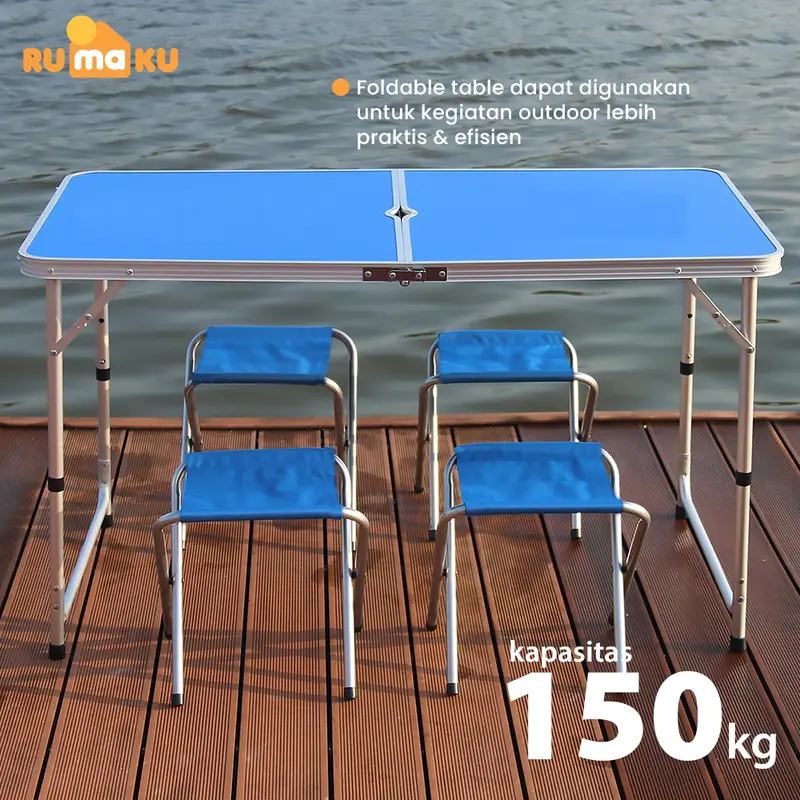 RUMAKU Meja Jualan Lipat Portable Serbaguna Lubang Tengah Payung Tenda Outdoor Camping Free 2 Kursi 2
