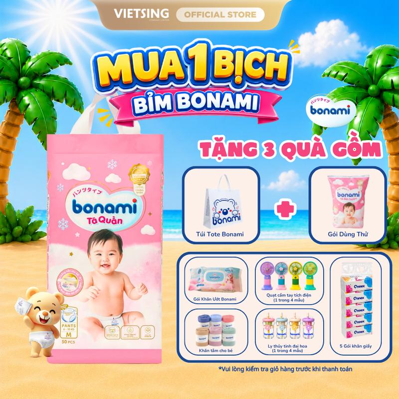 [SALE 10.10] Bỉm Quần Bonami Chính Hãng Siêu Thấm Hút Mềm Mại An Toàn Cho Bé Từ 2kg - 35kg Đủ Size NB-4XL [TẶNG Quạt Cầm Tay/ Ly Đựng Nước/ Khăn Ướt Bonami / Khăn Tắm/ 5 Gói Khăn Giấy  +Túi Tote Bonami + Gói Bỉm Dùng Thử]