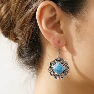 [COD] GR Anting Gantung Kotak Etnik Vintage Batu Merah/Turquoise, Warna Perak Antik Gaya Bohemian