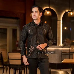 MAHKOTA Baju Kemeja Batik Pria Lengan Panjang Formal Full Furing Katun Halus Lembut Motif Hitam Dewasa Kerja Kantor