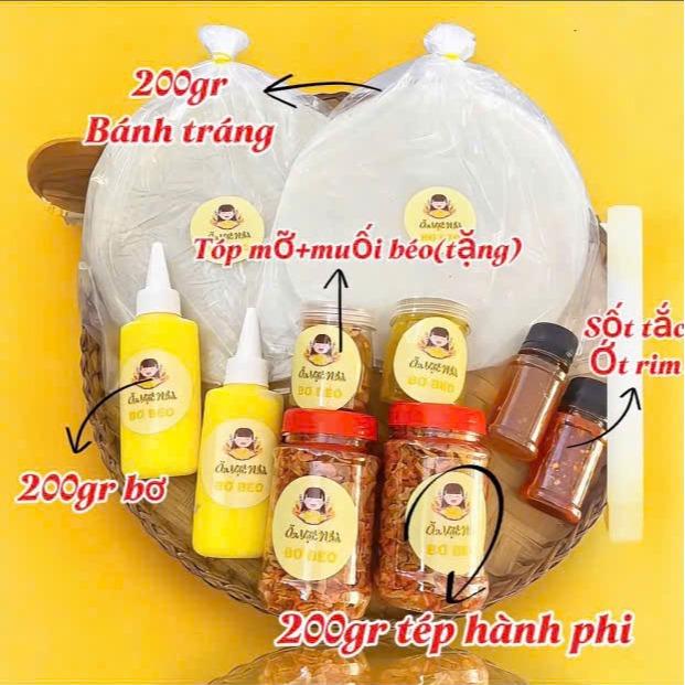 Đầm Vàng Combo 79K Bánh Tráng Phơi Sương 200g + 2 Bơ Chai 100g + Sốt Tắc + Ớt Rim + 2 Hủ Muối Tép Hành Phi + Tóp Mỡ + Muối Béo - Ăn Vặt Snack Food
